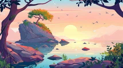 Wall Mural - Tropical island in sea or ocean, background of dawn heaven, beautiful nature, cartoon modern background. Early morning landscape with calm water pond surface, rocks, green tree branches under light