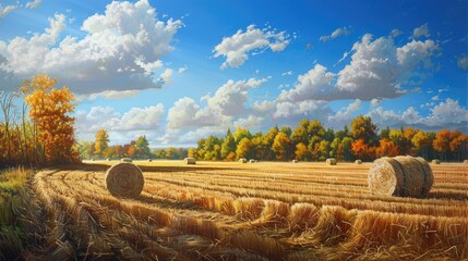 Wall Mural - Autumn Harvest Harvesting Hay in Sunny Fields