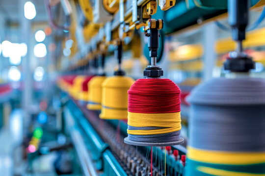 a industrial knitting machines in a factory, producing fabric with intricate mechanisms under natural light