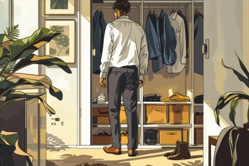 Poster - A man standing in front of a closet full of clothes. Suitable for fashion or organization concepts