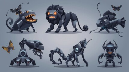 Poster - Cartoon set of futuristic angry cyborg pets, black mechanic mantis, snake and fish isolated on gray background. Modern set of evil mechanical animals, lion, shark, octopus, butterfly, and bird