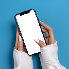 smartphone with empty screen in woman model hands with manicure. mobile phone blank screen template 