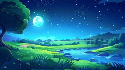 Wall Mural - Night countryside scene with rustic meadow, field, river, and dirt road under dark blue starry sky with full moon and stars reflecting in water. Countryside scenery rural nature, cartoon modern