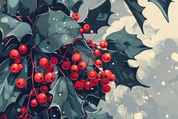 Sticker - Stylized digital artwork featuring red holly berries and green leaves against a muted background