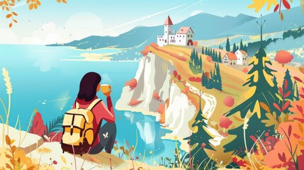 Poster - An autumn landscape with medieval castle over a blue sea surface relaxing a tourist woman. She drinks tea at the roadside and travels to a charming town with a fortress. Cartoon modern illustration.