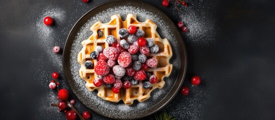 Poster - A top down view of a food background showcasing organic and healthy Belgian waffles served as a Christmas and New Year dessert option on a menu The image provides ample copy space for text