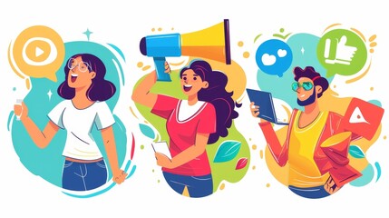 Poster - modern banners with flat illustration of woman with megaphone, girl with heart and man with tablet. 