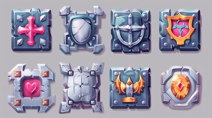 Poster - there is a set of metal ui badges and empty silver or steel square banners. award frames or bonus gr
