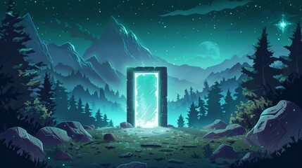 Wall Mural - An alien world is visible through a magic portal, a fantastic entrance into an alien world. Modern game background with fantasy illustration of a mountain landscape with mystic green glowing on a