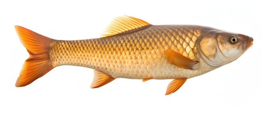Poster - Top view of a mirror carp a type of freshwater fish photographed in an isolated setting over a white background with a clipping path The image includes copy space for added versatility