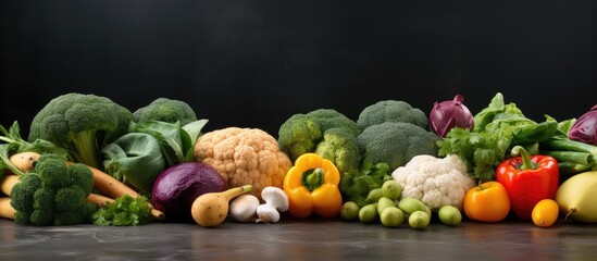 Poster - A selection of vibrant vegetables is displayed on a smooth dark gray slate The background provides ample empty space for additional content