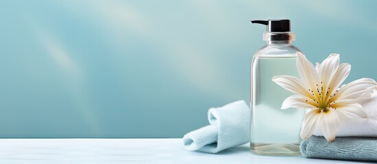 Poster - Top view of a light blue background with a bottle of liquid soap a towel and a flower There is copy space available for text