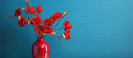 Poster - Sunlight illuminates a blue vase filled with vibrant red flowers creating a captivating copy space image