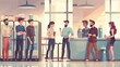 © Mark - Modern flat illustration of meeting and conversation of workers near a cooler in an office. A water dispenser, table, and employees discussing gossip and news are all included in this illustration.