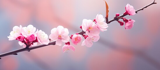 Poster - A stunning pink sakura flower representing the arrival of spring set against a natural backdrop with empty space for text or images. with copy space image. Place for adding text or design