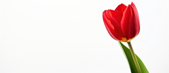 A stunning red tulip on a white background with plenty of space around the image. with copy space image. Place for adding text or design