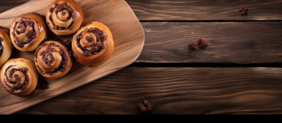 Poster - A top down view of delicious raisin swirl buns on a wooden board perfect for breakfast or brunch The image includes ample copy space