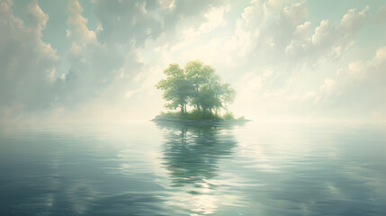 Wall Mural - Lonely island idyll: Oil painting of a deserted island surrounded by calm water
