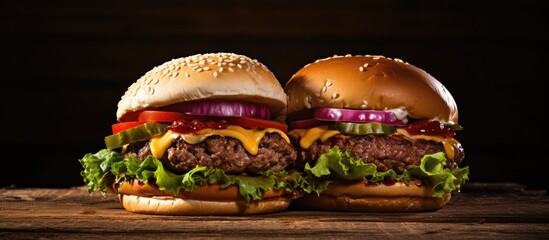 Leinwandbilder - A copy space image featuring homemade hamburgers filled with meat cheese lettuce and tomato resting on a rustic wooden table