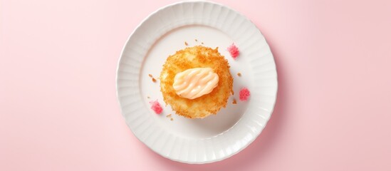 Poster - Top down view of a fried camembert atop a pink plate situated on a pristine white wooden surface The arrangement offers ample copy space for text within the frame
