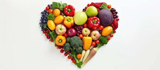 Poster - Copy space image of a heart shaped arrangement of fruits and vegetables representing the concept of healthy food and nutrition and isolated