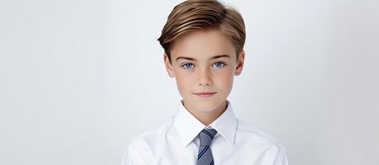 Aufkleber - Copy space image of a stylish boy in a white polo shirt with a blue stripe captured in a close up shot The photo portrays the child wearing a suit isolated on a white background endorsing fashionable