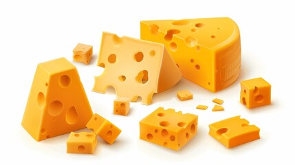 Wall Mural - 3d realistic modern illustration of cheese. Slices of cheese, cheddar with holes, holland or swiss food, set of icons isolated on a white background.