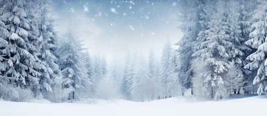 Aufkleber - Snowing in a winter forest with Christmas trees creates a natural background The wide format image offers ample copy space to enhance its versatility
