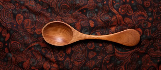 Aufkleber - A wooden cooking spoon is seen on a patterned cloth providing a visual representation of cooking with organic materials The image includes a background with textured elements as well as copy space for