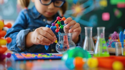 Poster - Close up of smart children hands learning about science by using toy in STEM science lesson. Skilled elementary student studying and doing experiment with blurring background. Creative concept. AIG42.