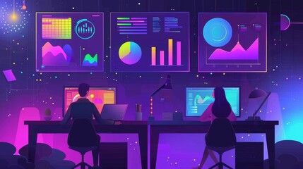 Poster - analytics team working on laptops and dashboards. modern flat illustration of teamwork and business 