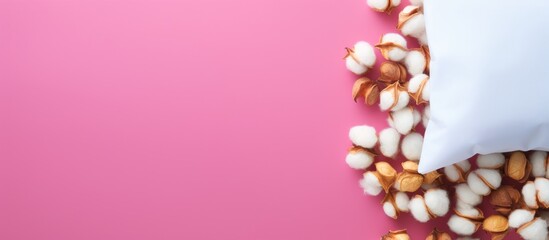 Poster - Top view of eco cotton pads with a sack on a colorful background creating a copy space image