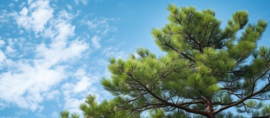 Poster - The copy space image shows a view of the sky and a pine tree taken from a lower perspective
