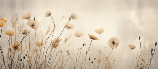 Poster - An image of a textured old paper background featuring dry seed pods of breadseed poppy. with copy space image. Place for adding text or design