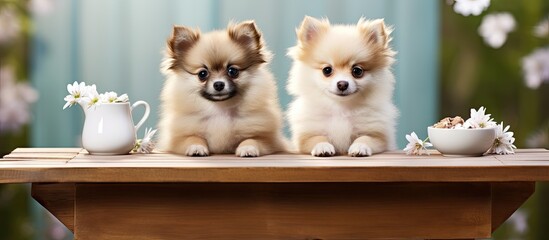 Two pomeranian puppies one white and one chocolate colored are sitting together on an outdoor table The table provides a blank background for the picture. with copy space image