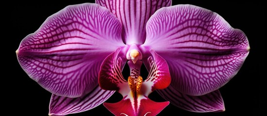 Poster - A violet phalaenopsis or Moth orchid from the Orchidaceae family is isolated on a black background creating a copy space image
