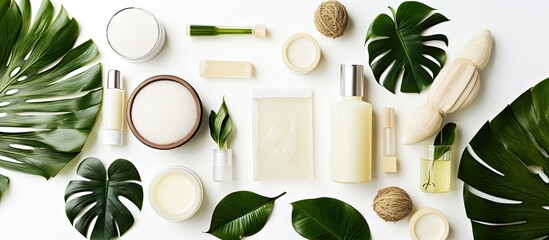 Aufkleber - Skincare concept featuring natural organic spa cosmetics products and eco friendly bathroom accessories surrounded by palm leaves on a white background Captured from a top down view this photograph o