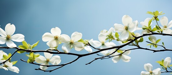 Poster - A sunny day in early springtime reveals a copy space image of a flowering dogwood branch adorned with large white flowers
