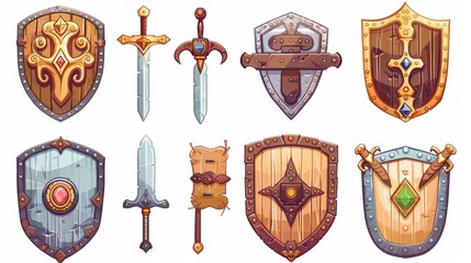 Wall Mural - The set of game shields with swords features cartoon fantasy medieval armor, swords, ammo, iron or wooden guard screens, design elements, and isolated modern icons.
