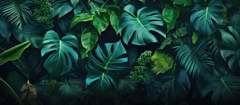 A nature themed wallpaper with tropical leaves texture and floral background providing a 21 9 copy space image for text advertising or any other content