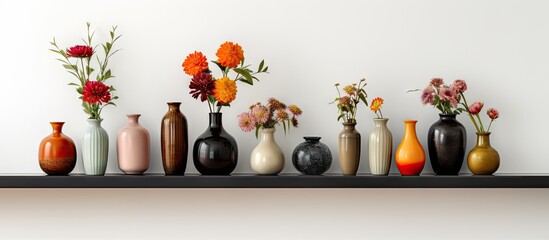 Wall Mural - A wooden shelf with a square black frame showcasing vases filled with vibrant flowers It is positioned against a white wall offering ample copy space for any desired texts or images