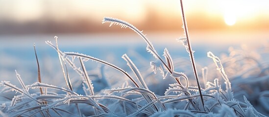 Poster - A wintry morning close up with icy plants in the fields creating a frozen landscape This macro shot sets a chilly backdrop with copy space for a cold weather concept image