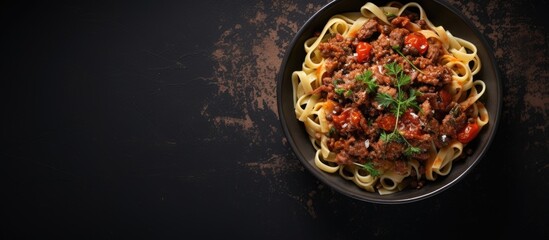 Aufkleber - The top view shows a black bowl filled with fettuccine pasta and beef ragout sauce placed on a grey background Ample copy space surrounds the image