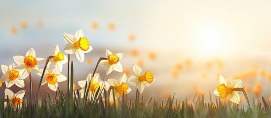 Poster - In springtime a picturesque meadow is adorned with vibrant daffodil flowers creating a captivating copy space image