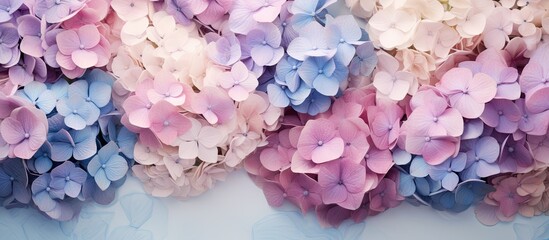 Poster - Top view of artistic ink background with pastel violet and pink Hydrangea flowers Copy space image