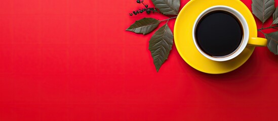 Poster - Yellow background with leaves and copy space image showcasing a text that reads New Year New Me along with a red coffee cup