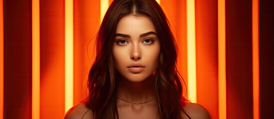Poster - Young beautiful girl posing isolated on an orange background in neon light conveying diverse emotions and facial expressions Symbolizing youth aspiration and sales Copy space image for advertising