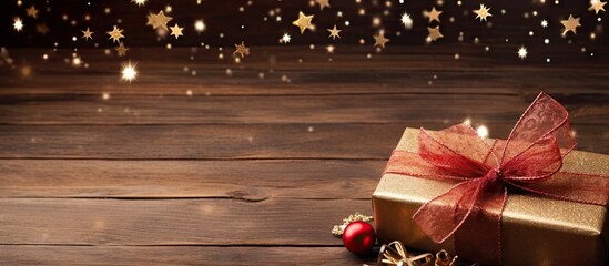 Fototapete - A festive background with room for text featuring a photo frame and gift boxes on a wooden surface This image is reminiscent of Christmas and the New Year. with copy space image