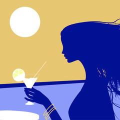 Wall Mural - Woman with a cocktail in her hand against the backdrop of sunset. Relax on the white terrace by the sea. Minimalistic and flat color drawing. Vector illustration