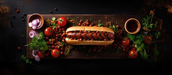 Poster - A top down view of a BBQ hot dog arrangement on a table with a dark wooden banner in the background allowing room for additional images or text